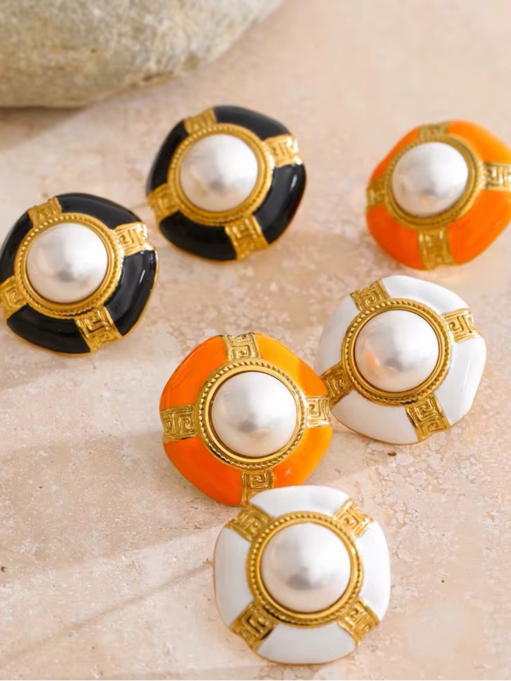 Vintage White Enamel & Pearl Stud Earrings | PVD Gold Plated Stainless Steel